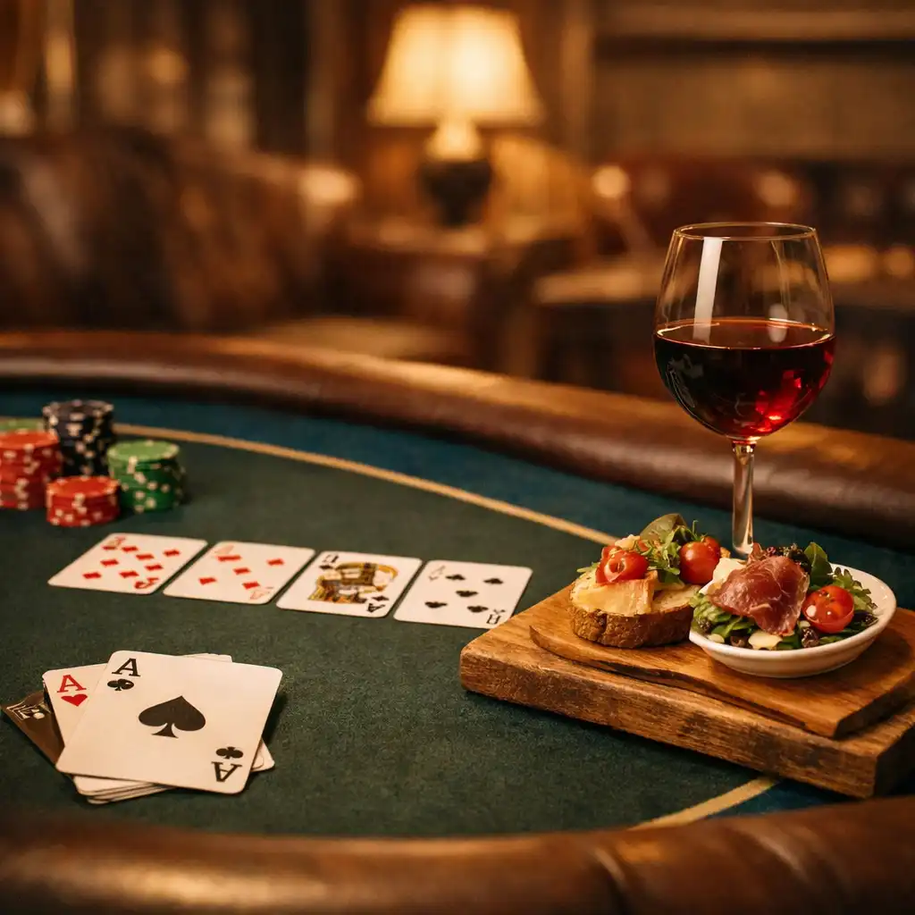 A poker table with cards and chips alongside a glass of wine and a small plate of food