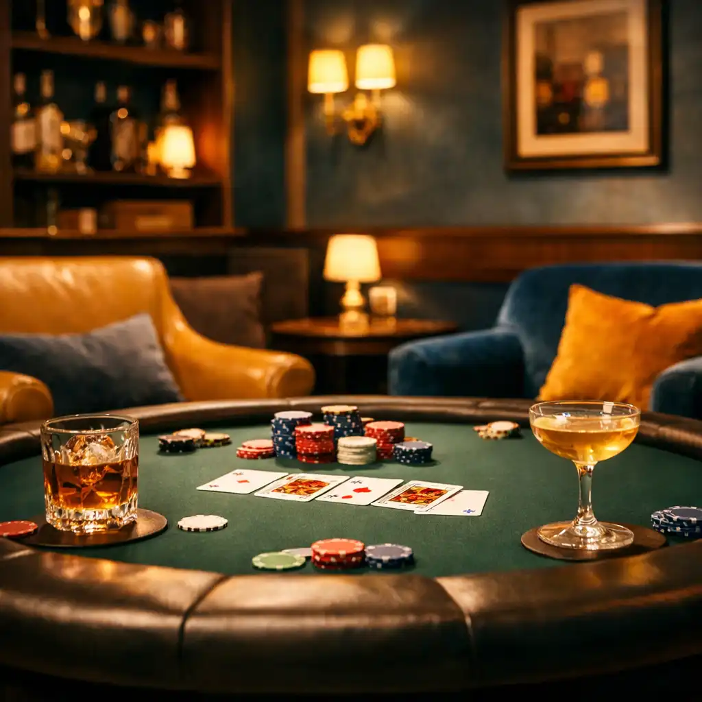 Interior of the Card Lounge with comfortable seating and a central poker table