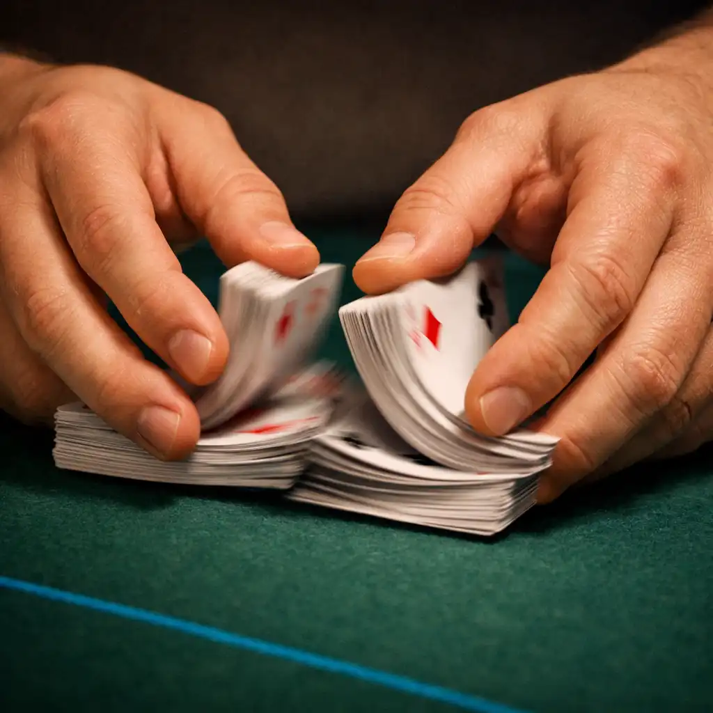 Close-up of hands shuffling a deck of playing cards over a dark green felt surface