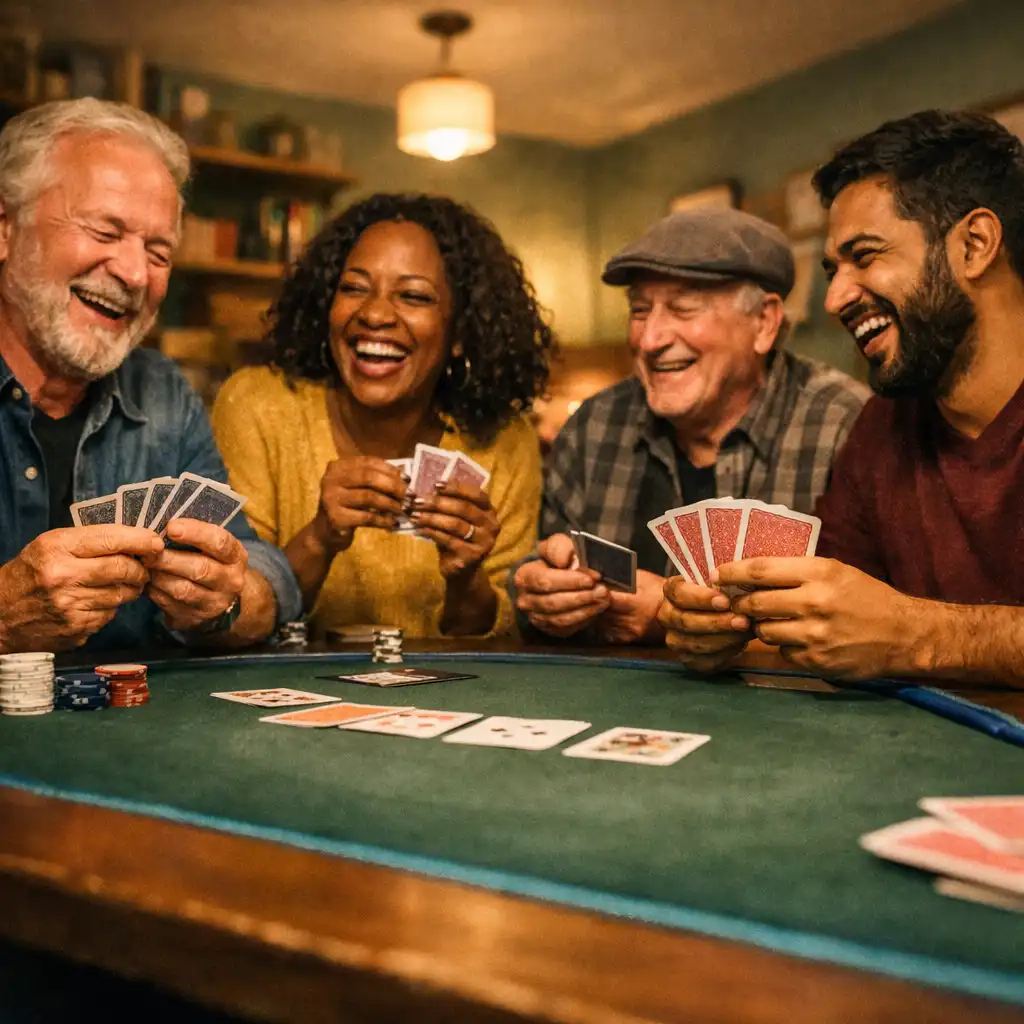 Guests laughing and playing cards at a table in the Card Lounge