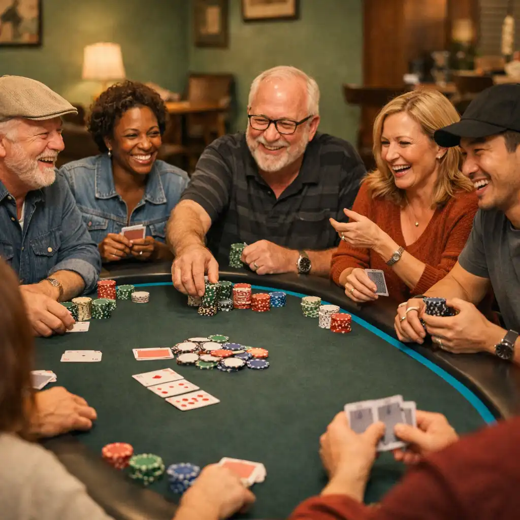 A diverse group of adults seated around a poker table, engaged in lively conversation and card play