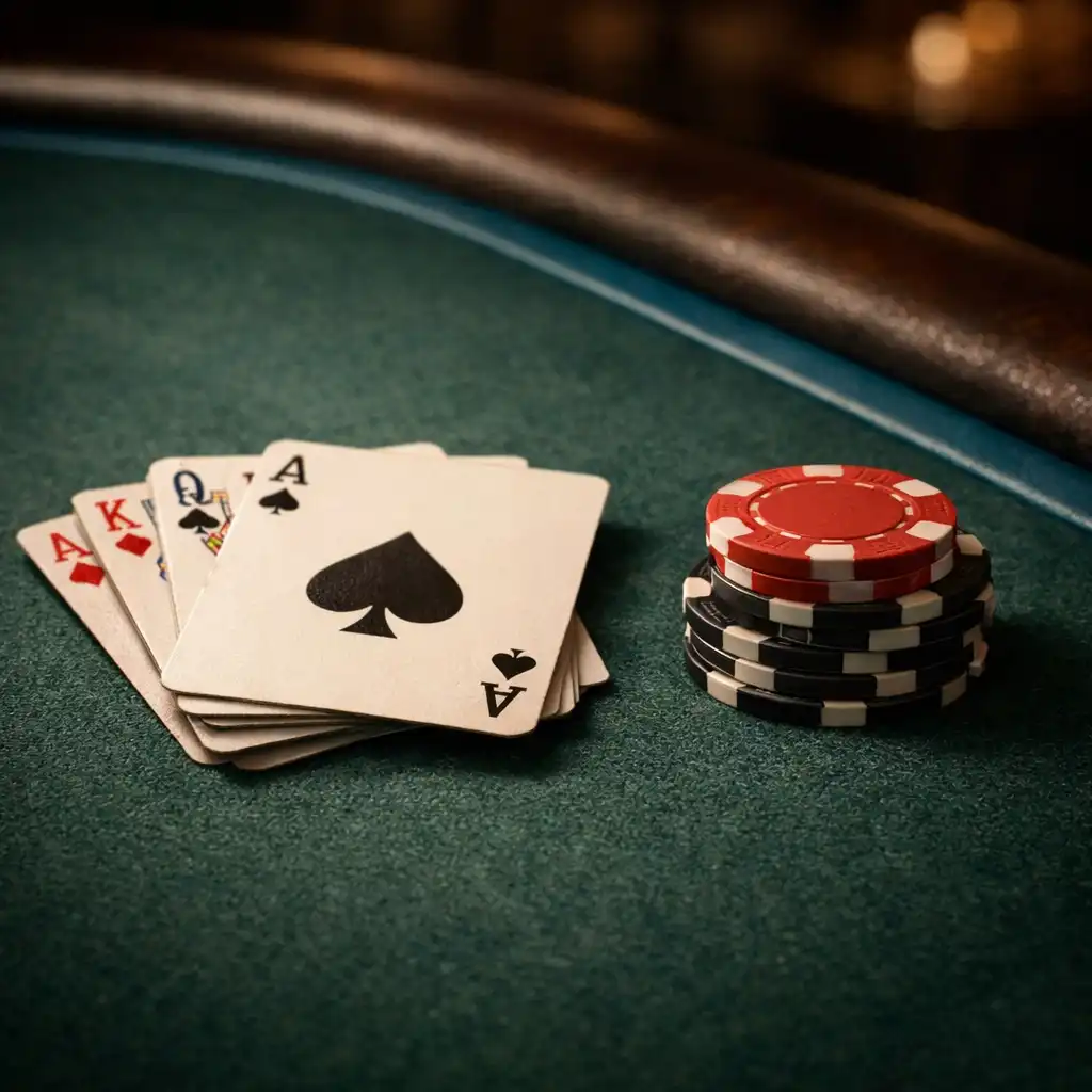 Close-up of a poker table showing felt texture, playing cards, and poker chips