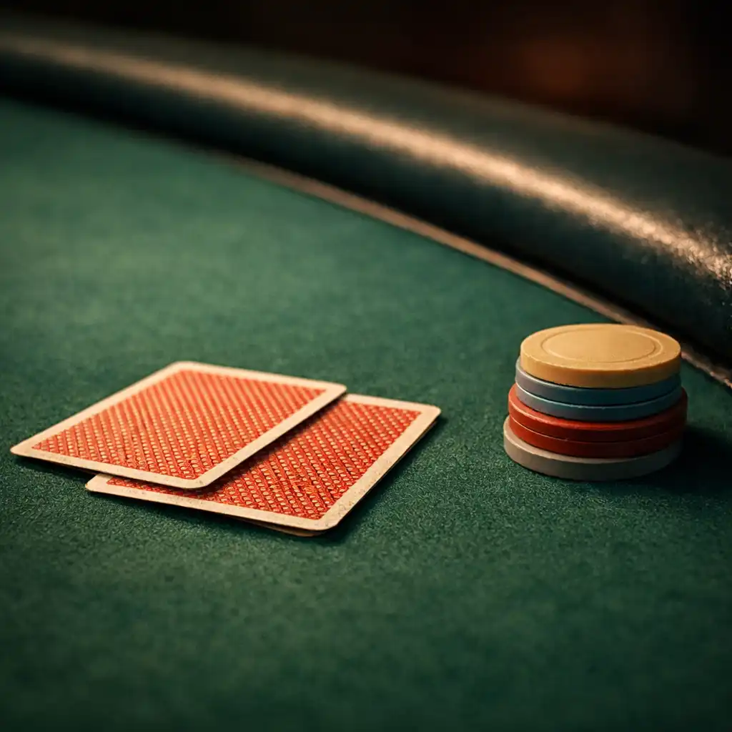 Close-up of playing cards and plain clay chips on felt
