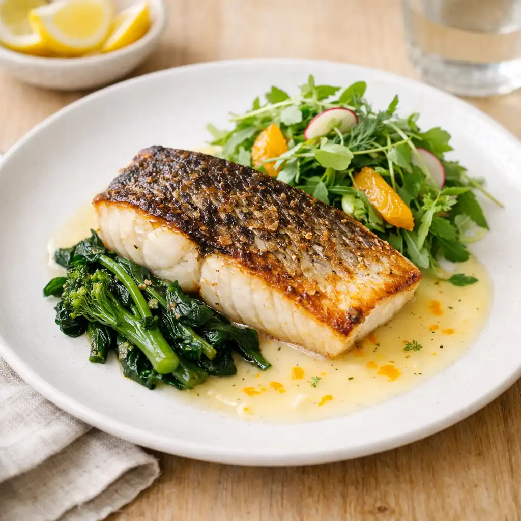 Pan-seared barramundi fillet with citrus beurre blanc, sautéed greens, and herb salad