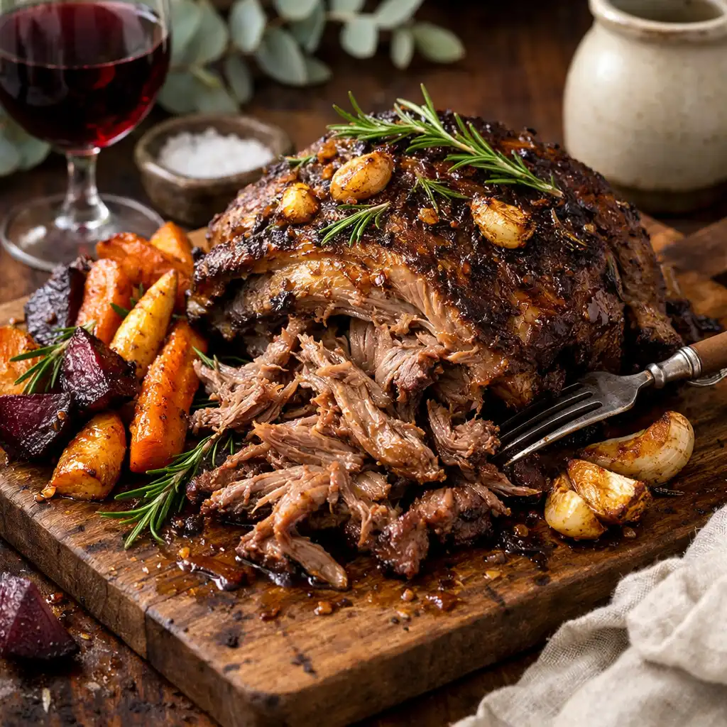 Slow-roasted lamb shoulder with rosemary, garlic, and roasted root vegetables