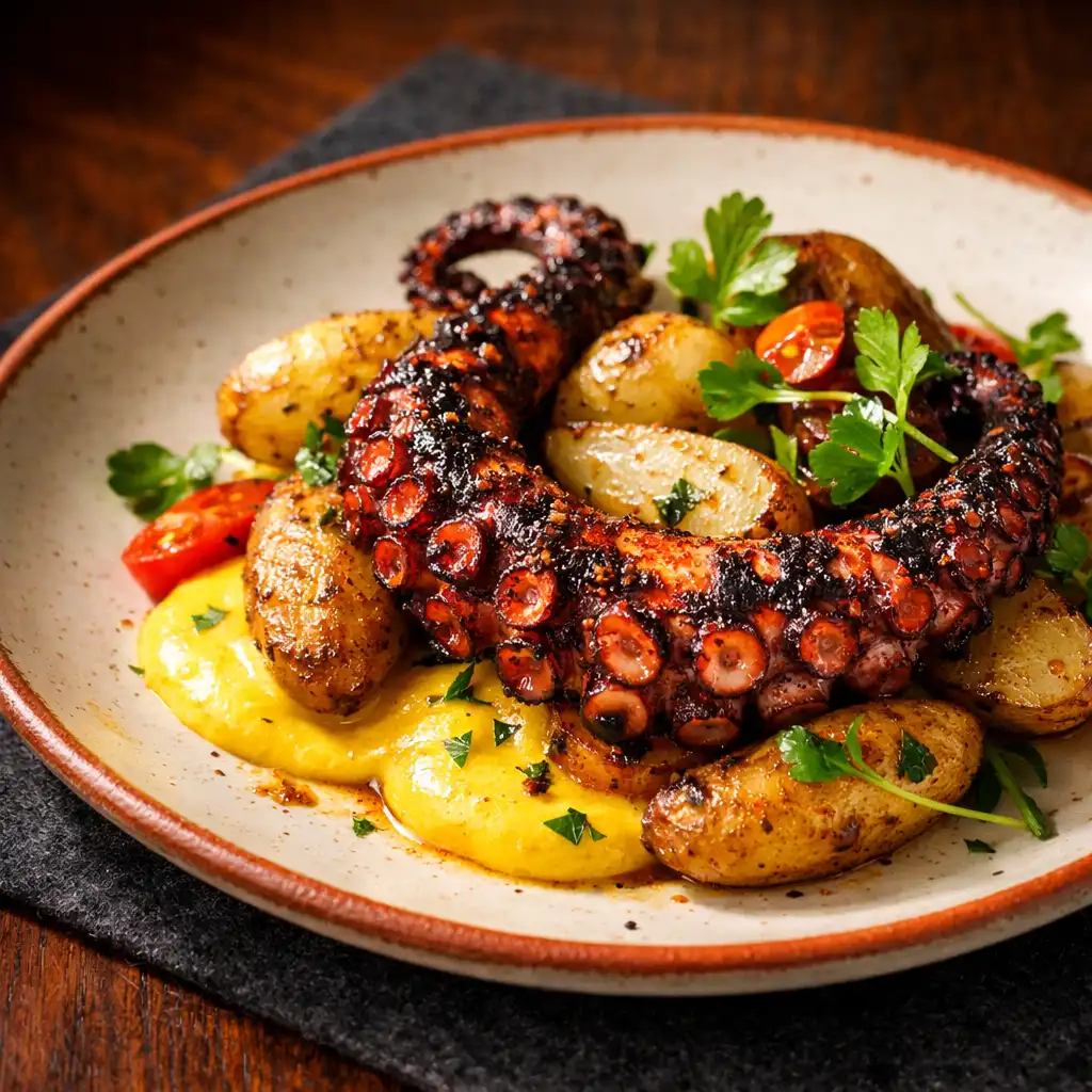 Charred octopus with saffron aioli, fingerling potatoes, and fresh herbs