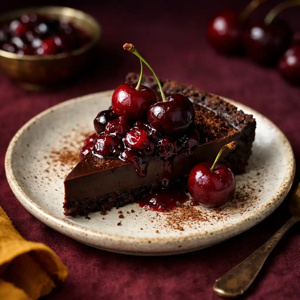 Dark chocolate tart with cherry compote and fresh cherries