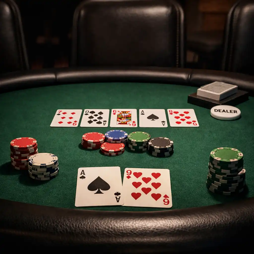 Poker room with a table, chairs, and physical cards