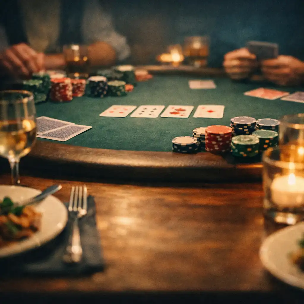 Seated eye-level view across a restaurant table that transitions into a poker table at Golden Felt Lounge