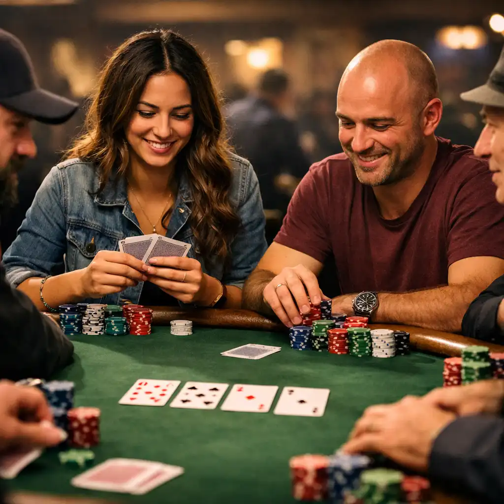 Live poker table with players seated around it in a warm, focused atmosphere