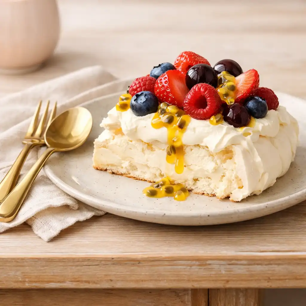 Dessert plate with a slice of pavlova topped with berries and passionfruit, accompanied by a dessert fork and spoon on a light wooden table.