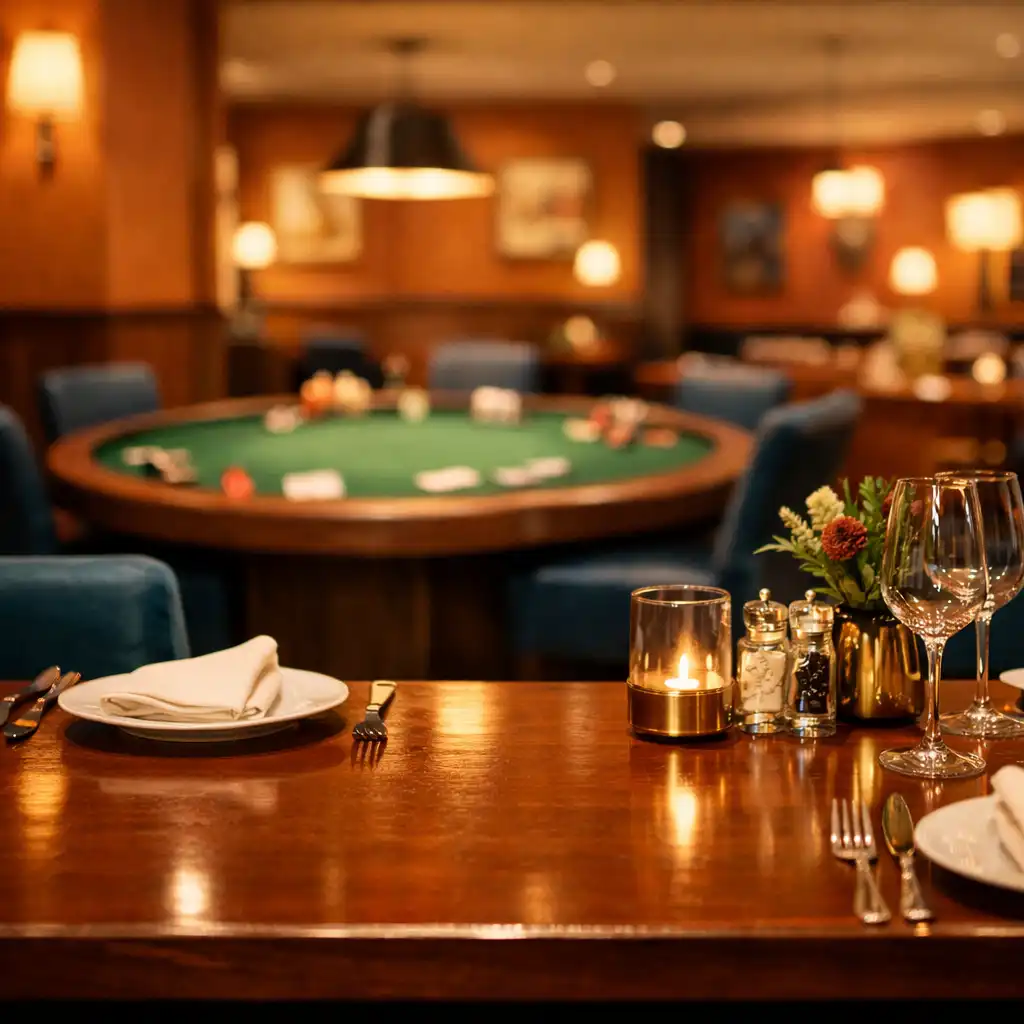 Warmly lit dining room at Golden Felt Lounge with a polished table edge in the foreground and a poker table with green felt in the background.
