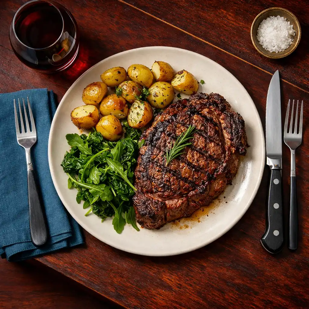 Overhead view of a main course place setting with grilled ribeye steak, roasted potatoes, greens, steak knife, and fork on a dark wooden table.
