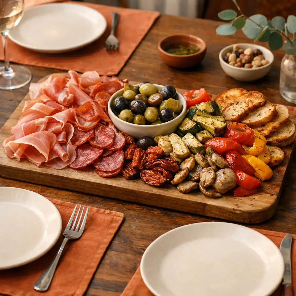 Sharing board with cured meats, olives, roasted vegetables, and bread, surrounded by small plates and cutlery on a wooden table.