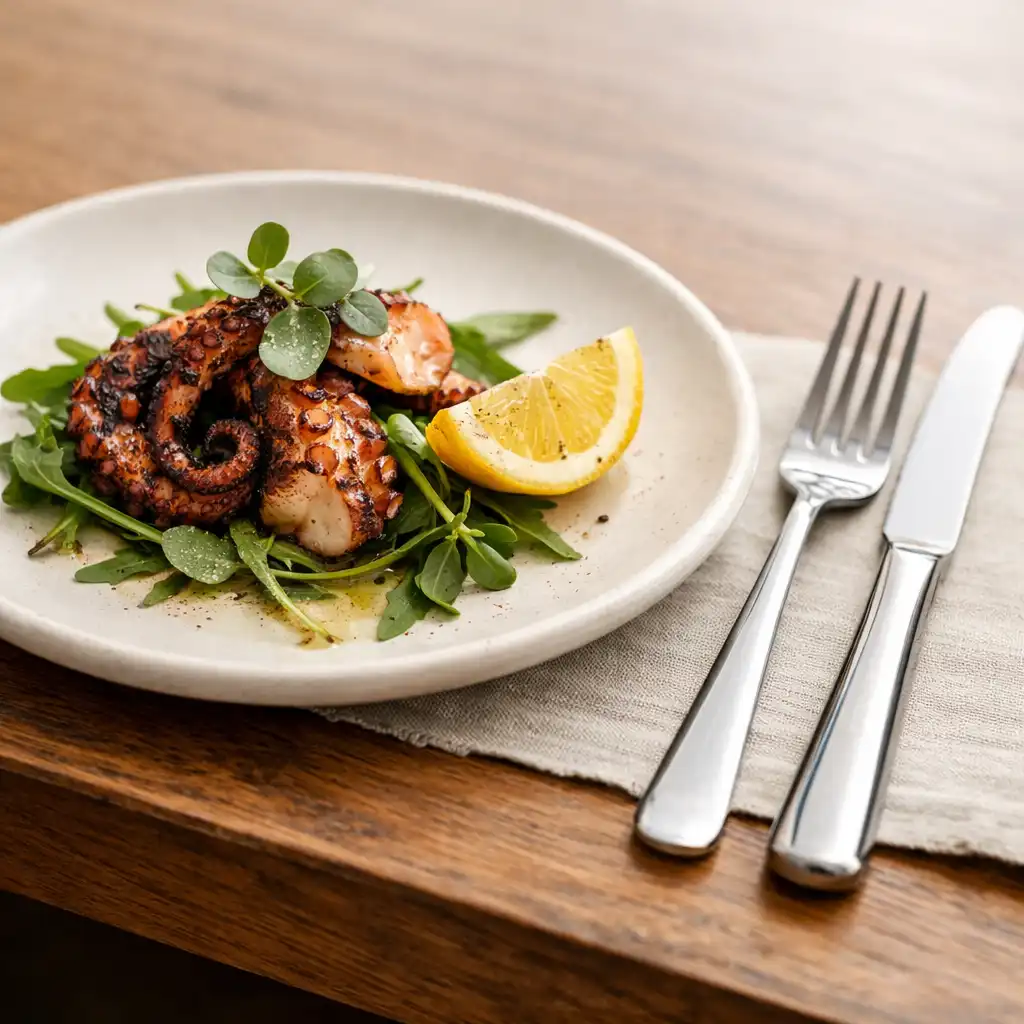 Starter plate with charred octopus, rocket, and lemon, with fork and knife aligned parallel to the table edge.