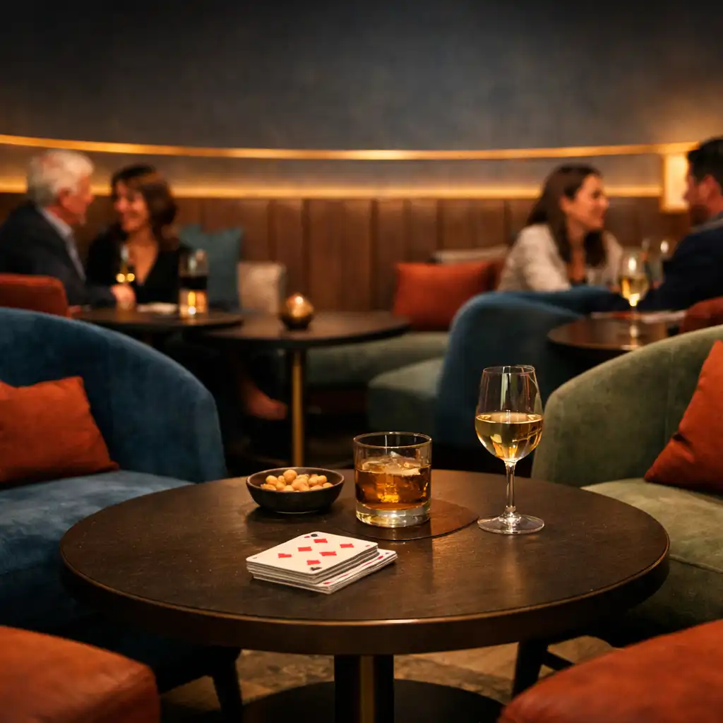 A stylish card lounge with comfortable seating and a deck of cards on a low table
