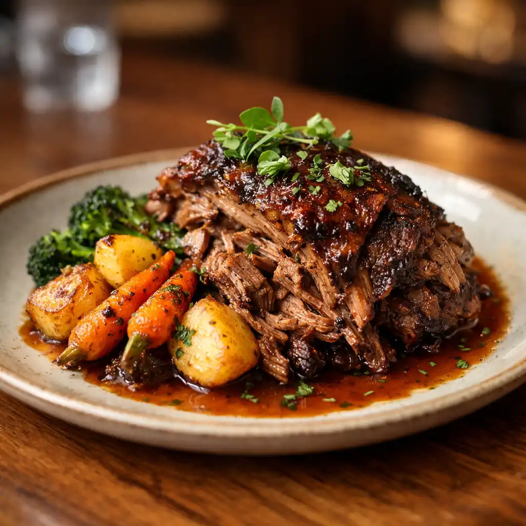 A beautifully plated Australian dish of slow-cooked lamb shoulder with roasted vegetables