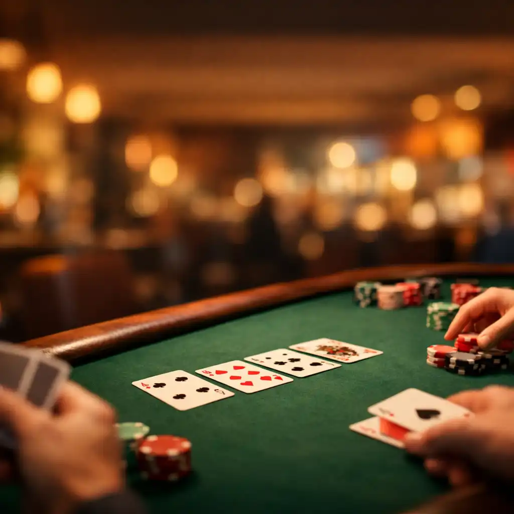 A physical poker table seen from a seated player's perspective, with cards and felt in a warmly lit room