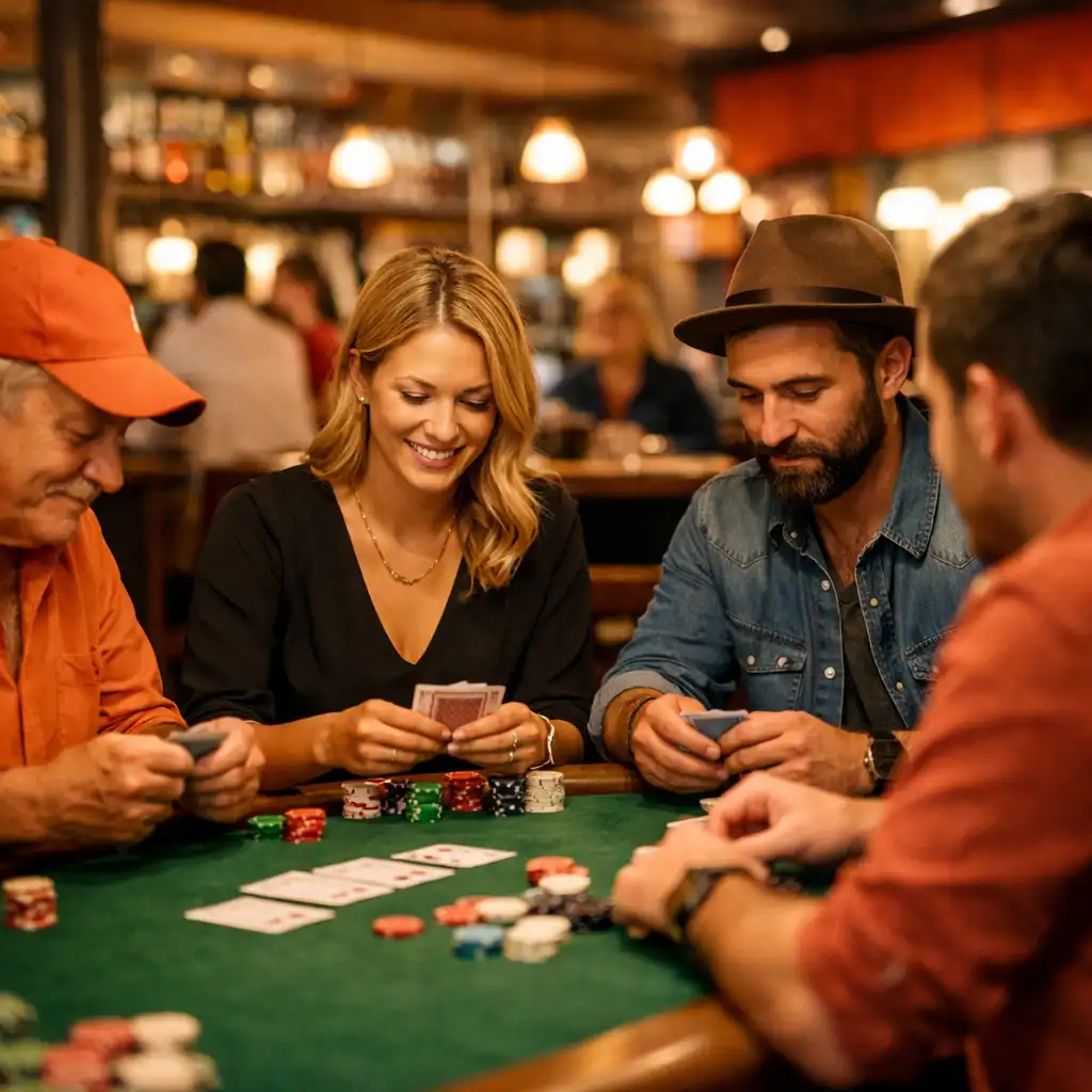A group of people playing poker at a table in a lively restaurant setting