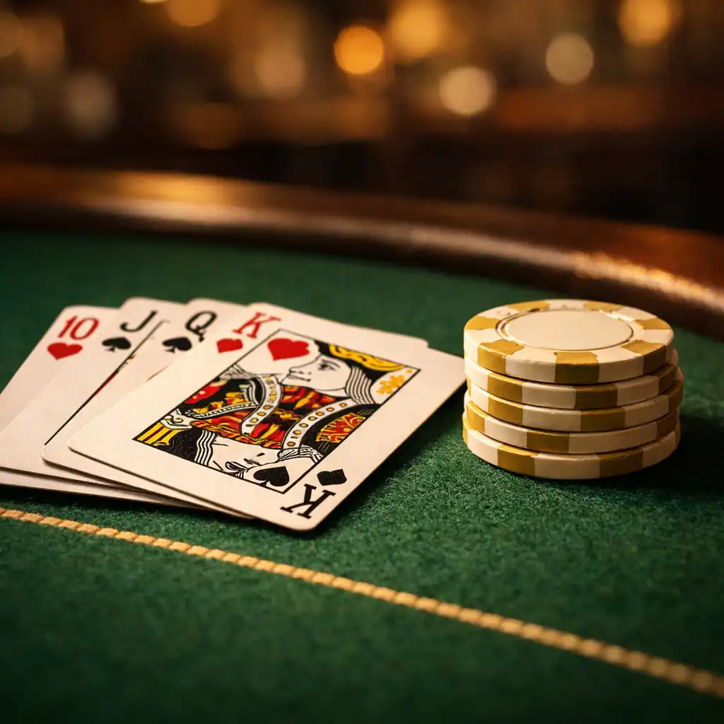 Close-up of a poker table surface with fanned cards and a stack of chips