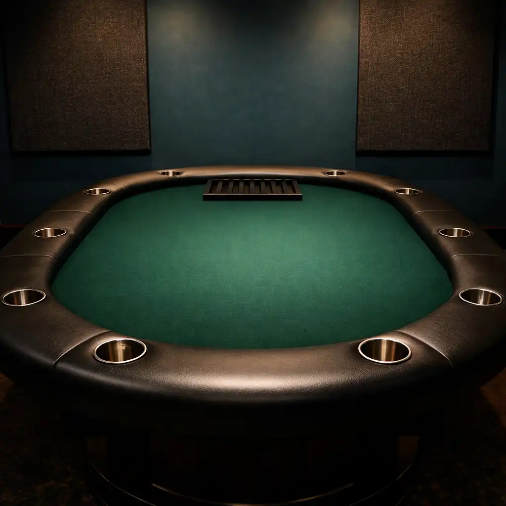 A full-size poker table with a deep green felt surface and raised edge in a dedicated room