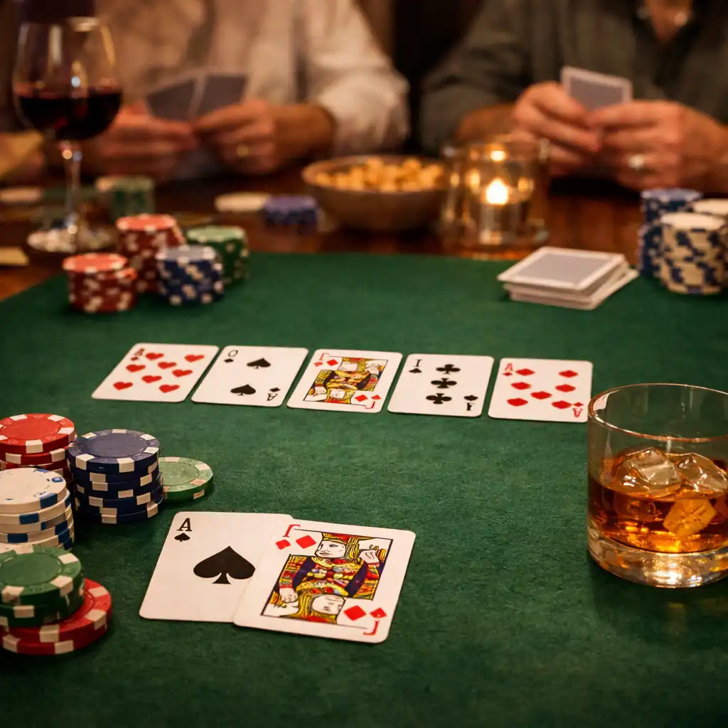 Poker evening scene with warm lighting, physical cards, and chips on the table