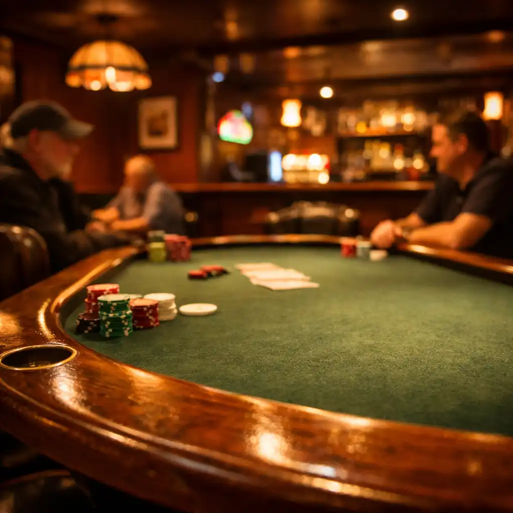 Warmly lit poker room with a felt table and wooden rim