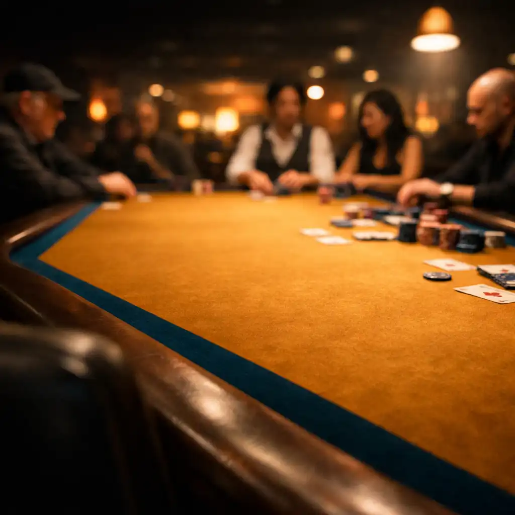 Wide view of the Golden Felt Lounge poker room from a seated perspective, with saffron felt tables and warm overhead lighting
