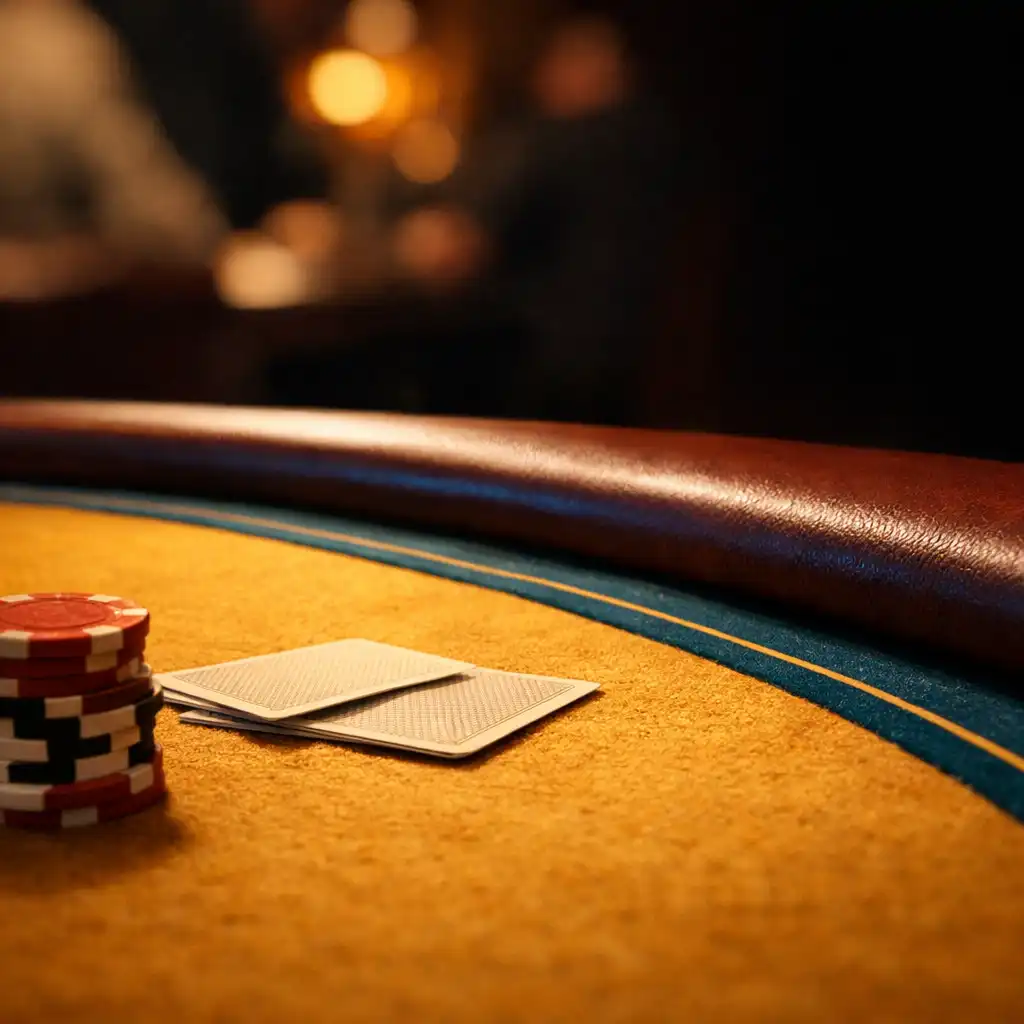 Close-up from a seated position at a poker table, showing the saffron felt, playing cards, and poker chips