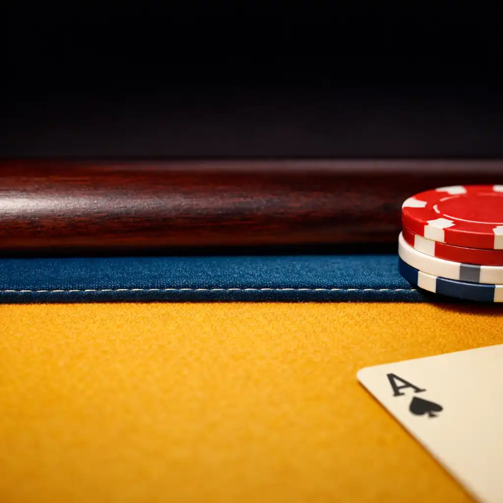 Close-up of a poker table surface with felt, physical playing cards, and poker chips