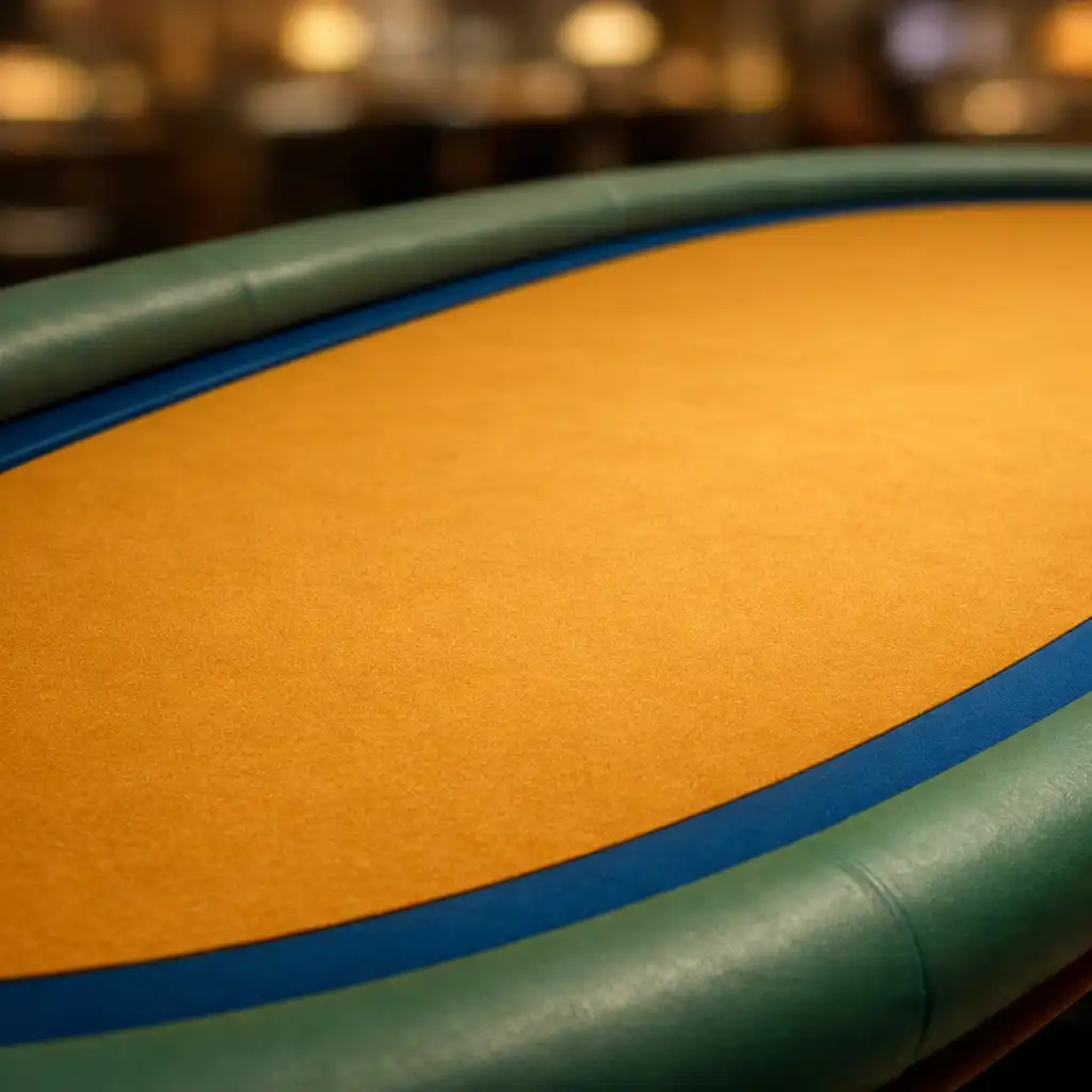 Seated eye-level view of a Golden Felt Lounge poker table with saffron felt and petrol blue edge