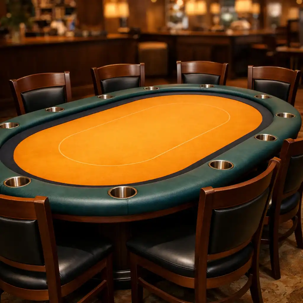 Poker table with eight chairs arranged around it, showing the seating layout and warm lighting