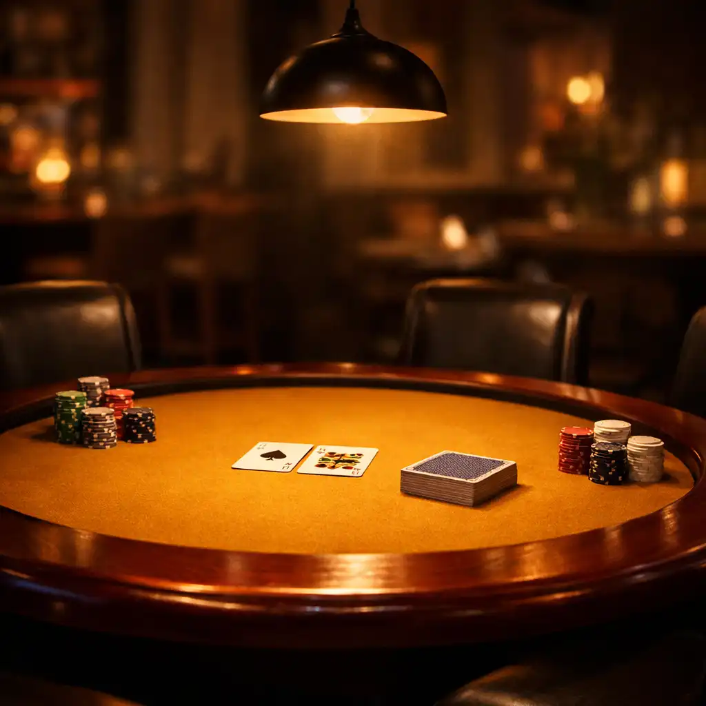Private poker table with dark cherry rim and saffron felt