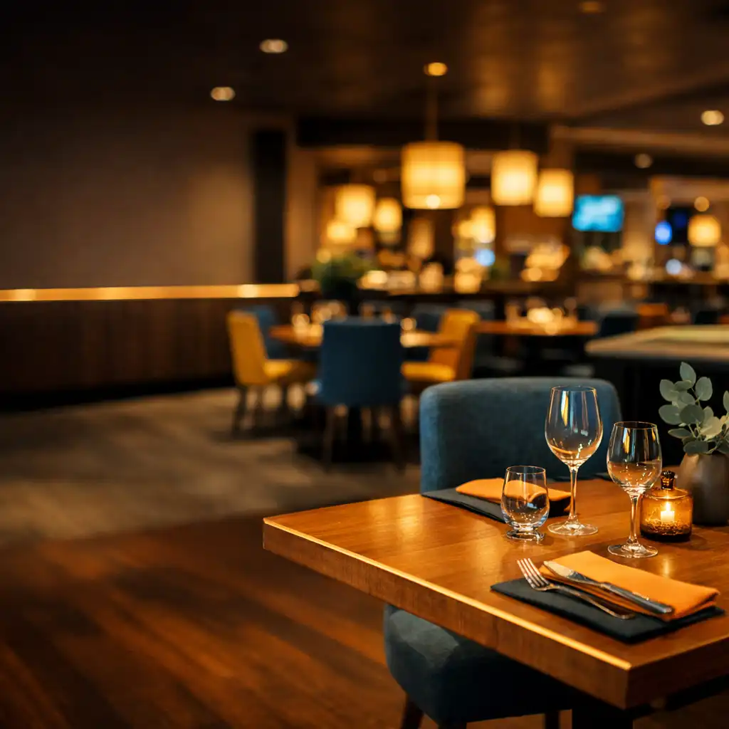 Warm, contemporary dining room at Golden Felt Lounge with timber tables and felt-textured chairs