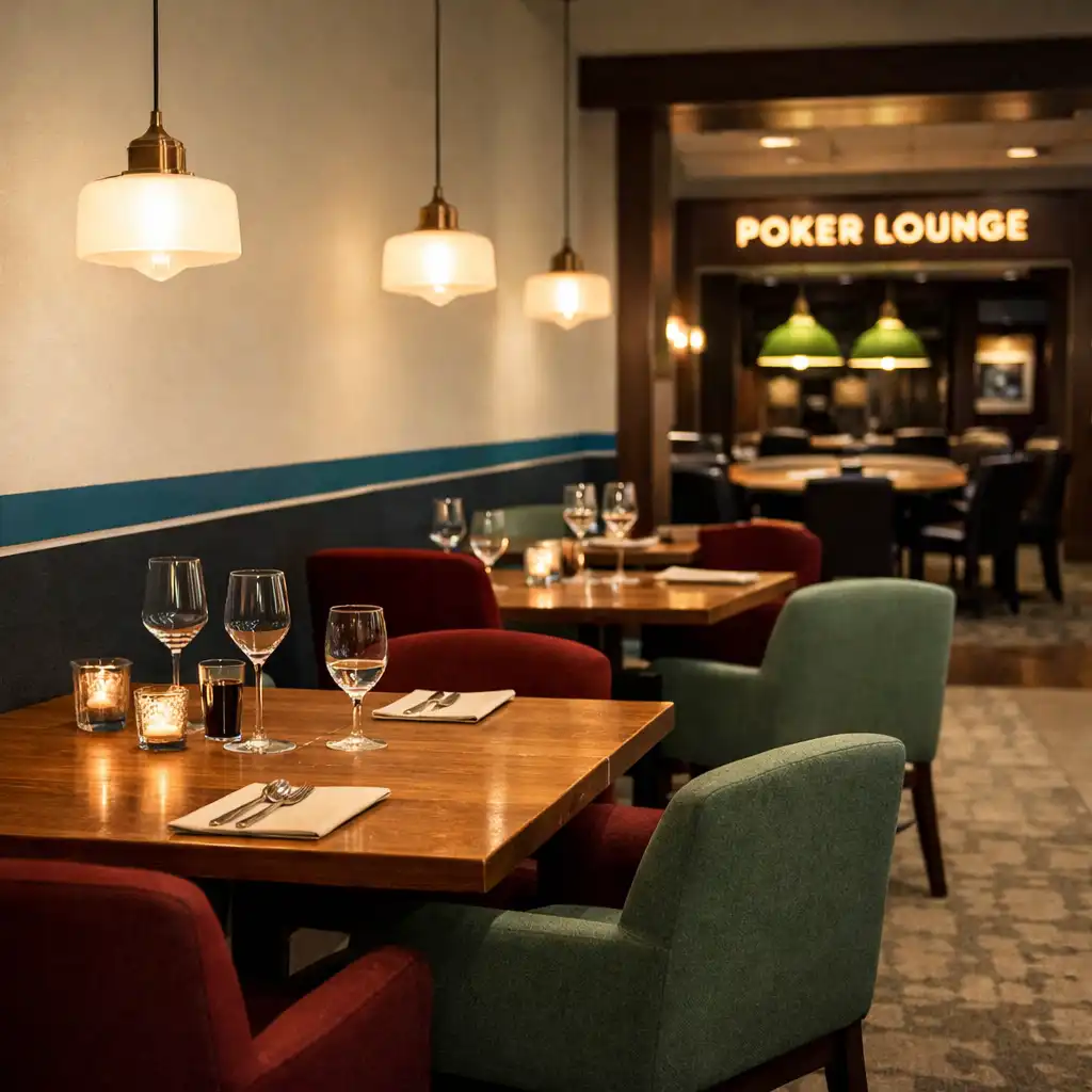 Restaurant interior with a dining table and place settings in a warm contemporary setting