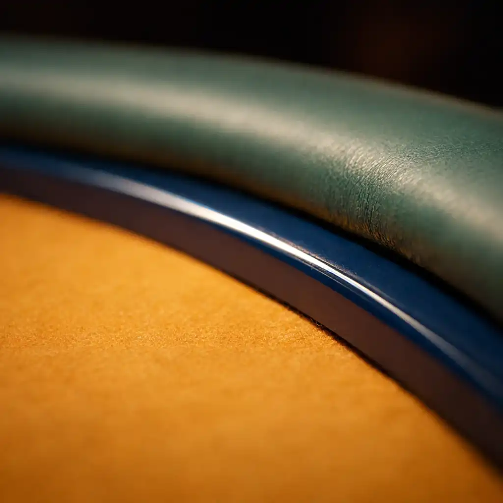 Close-up of the poker table edge showing the transition from saffron felt to petrol blue edge and eucalyptus rail