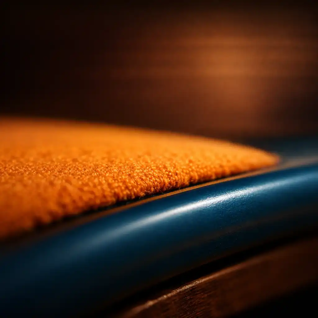 Macro photograph of the poker table edge with fine saffron felt texture and smooth petrol blue line