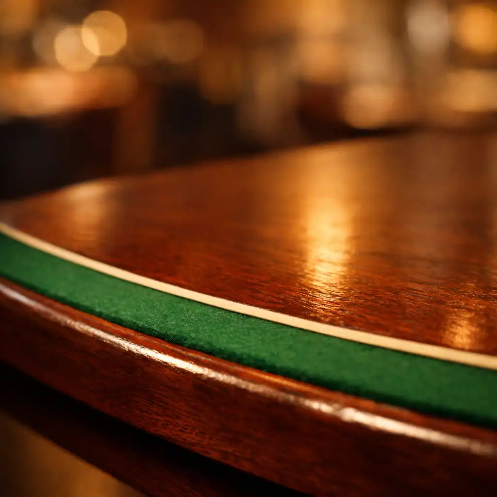 Close view of a restaurant table edge with a subtle poker table edge line in the foreground
